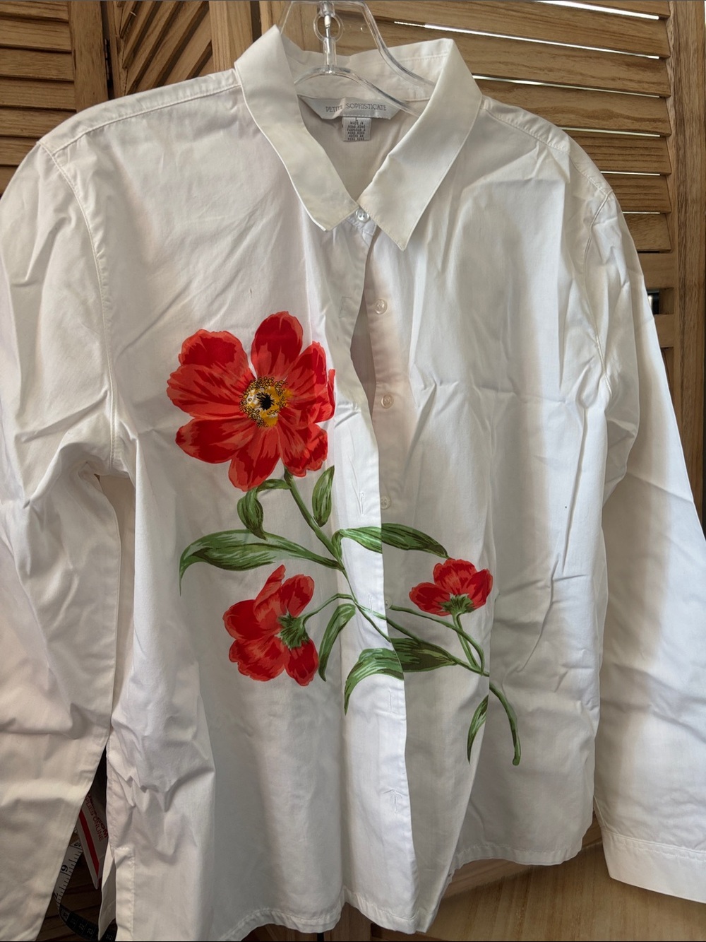 Petite Sophisticate White Button-Down Shirt with Red Floral Print Large Petite